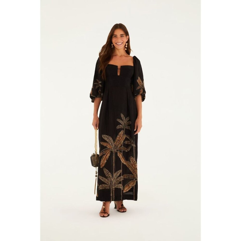 FARM Rio Black Maxi Dress with Gold Palm Motif